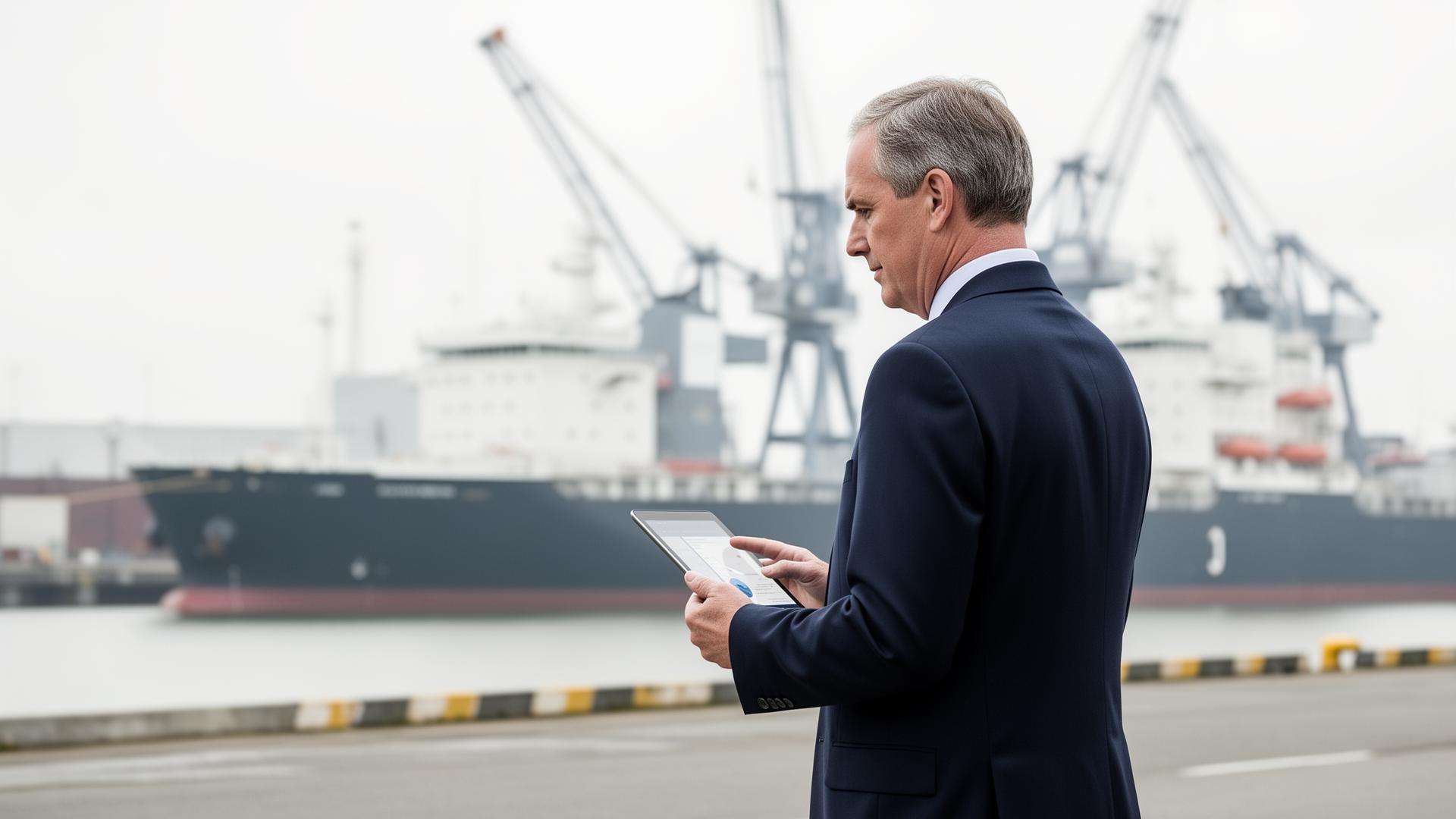 Senior maritime consultant on a quayside reviewing operations on a tablet, large vessel and cranes in the background