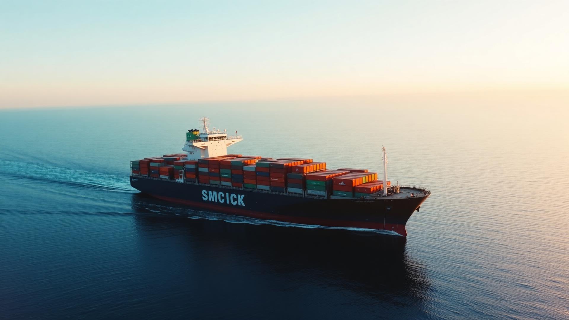 Container ship sailing on calm sea at golden hour
