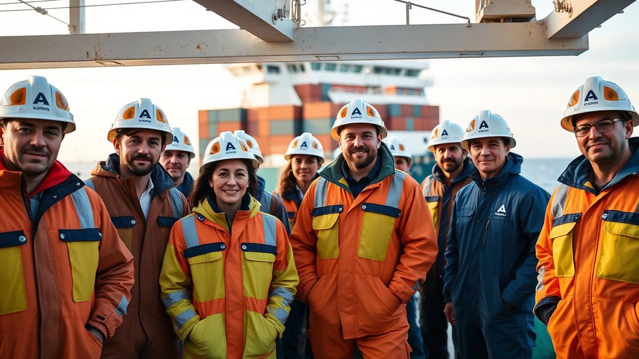 Multinational seafarer crew on deck of a container ship