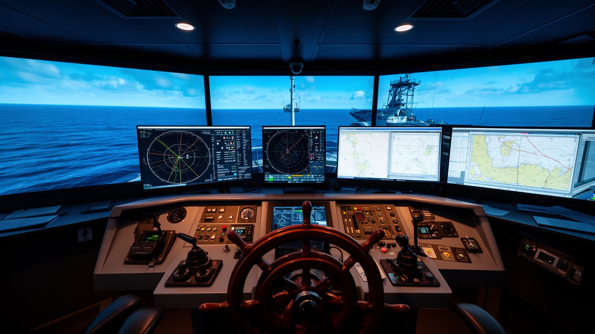 Modern maritime training bridge simulator with radar, ECDIS chart displays and ship handling controls